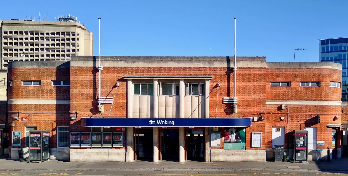 The main entrance to Woking railway station
